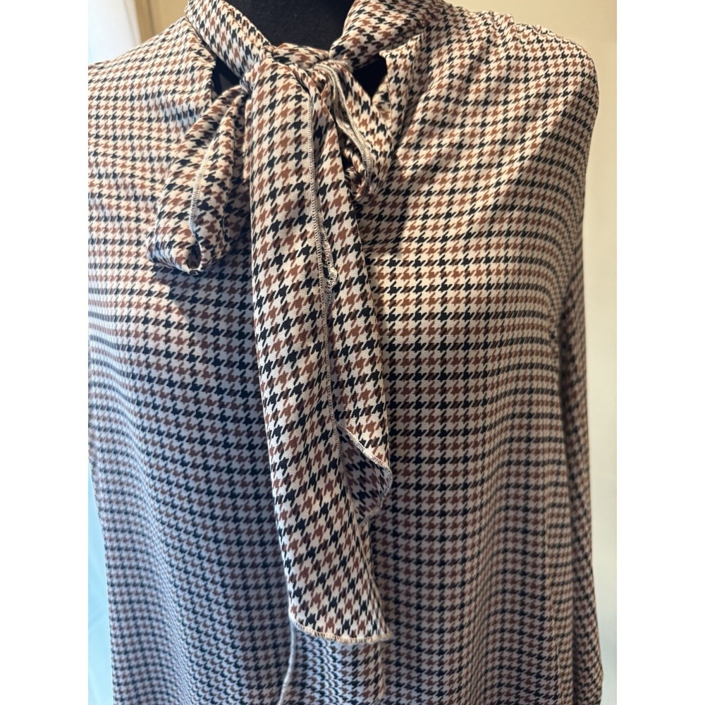 WHO WHAT WEAR Houndstooth Tie-Neck Collared Puff Long Sleeve Blouse M - Picture 4 of 7